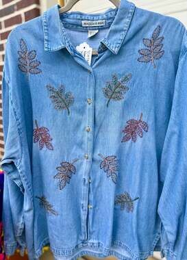 Vintage Maggie & Max Embroidered Leaf Chambray Denim 2X